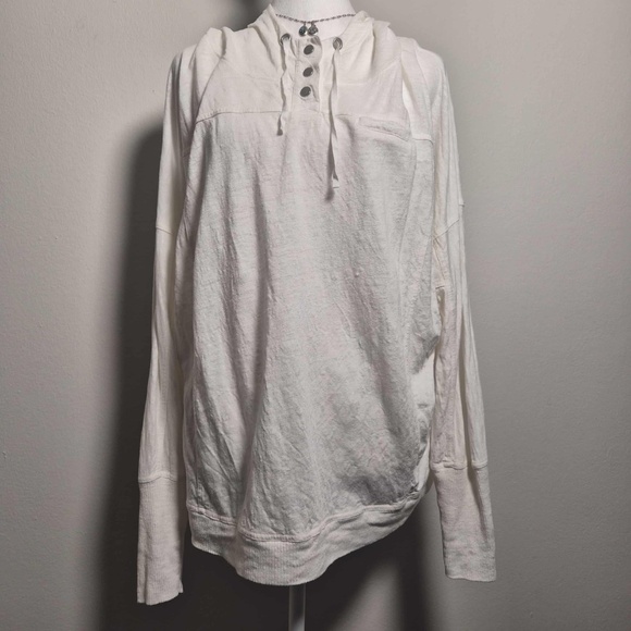 Eileen Fisher 100% Linen Eggshell White Pullover Hooded Costal Chic Sweatshirt M - Picture 2 of 11